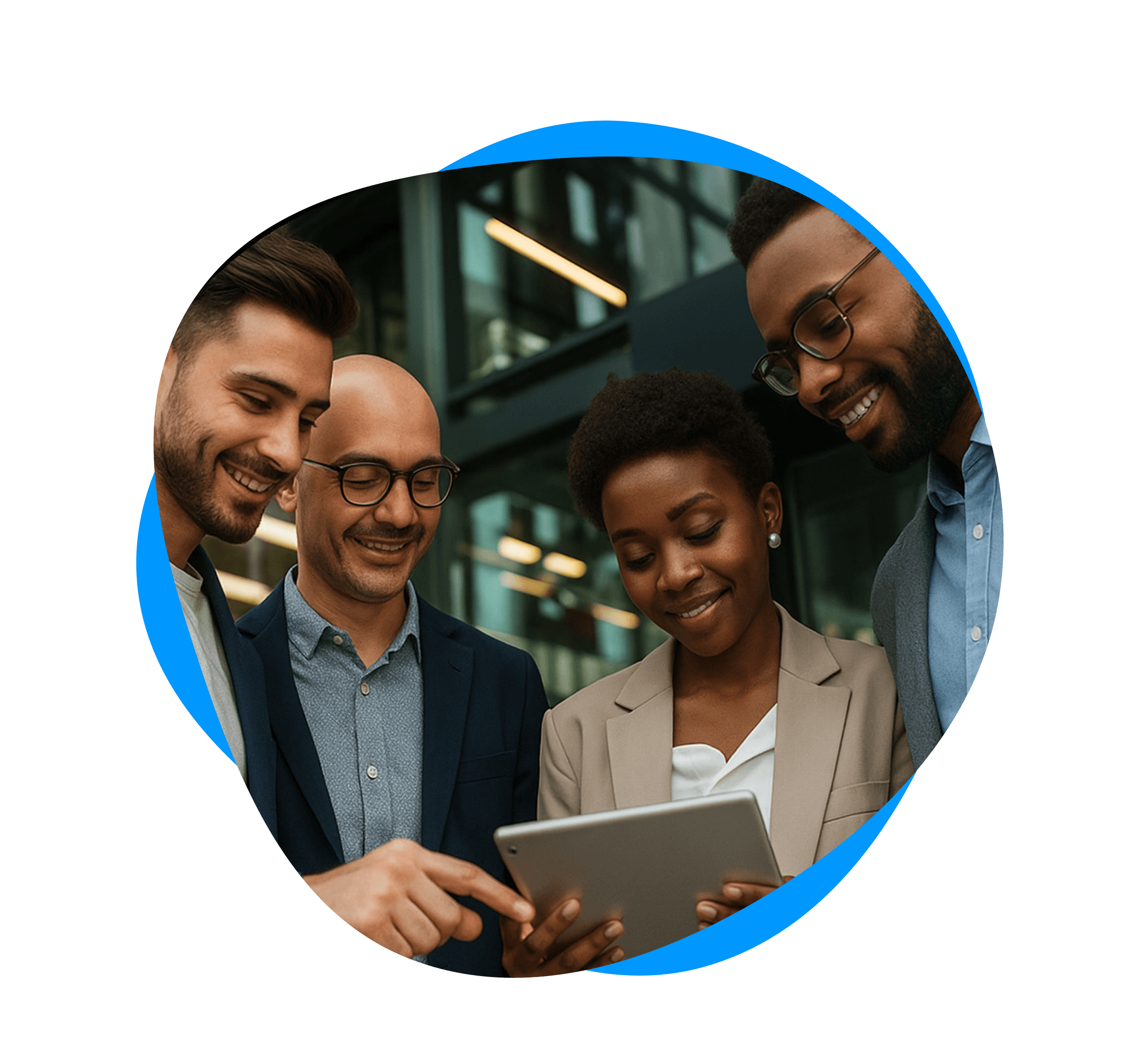 Diverse business professionals looking at a tablet